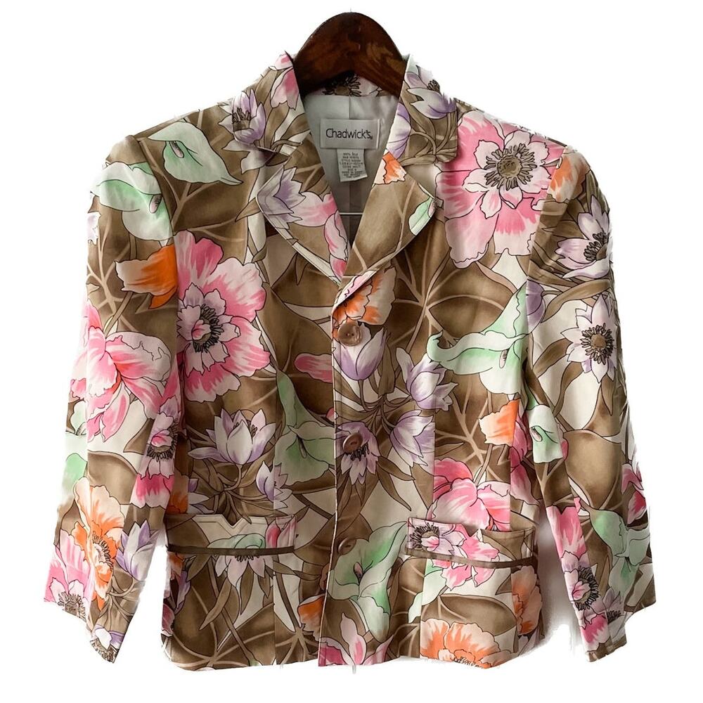 Chadwick's vintage 100% silk floral cropped blazer jacket pink tan size 4 - Picture 9 of 9